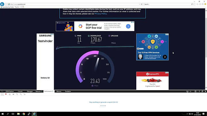 Debug HTML5 Ookla speedtest.net in Internet Explorer