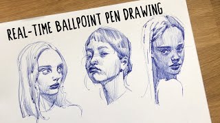 Realtime Drawing  Ballpoint Pen Portraits ✍ (no voiceover) ASMR STUDY WITH ME!