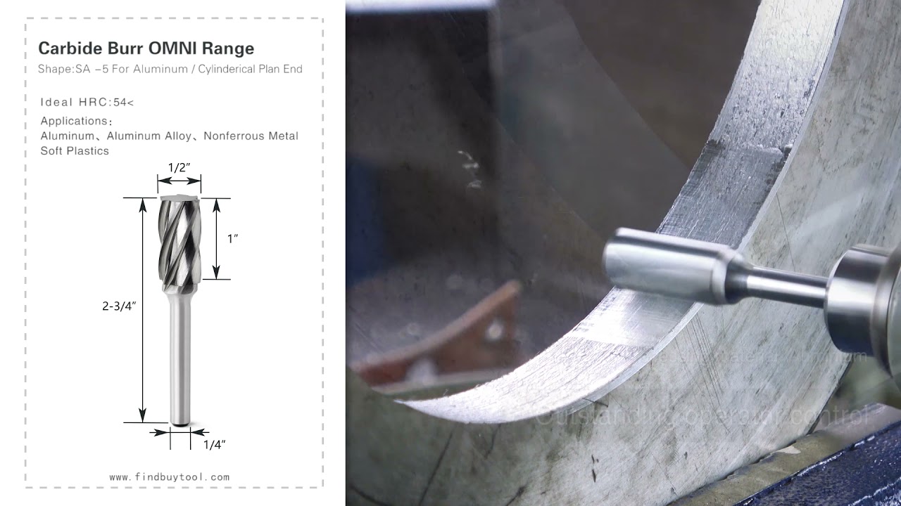 CARBIDE BURR SA5-NF Plan cilíndrico Cabezal de rango de aluminio D 1/2 x 1l, 1/4 vástago, 2-3/4 pulgadas de longitud completa