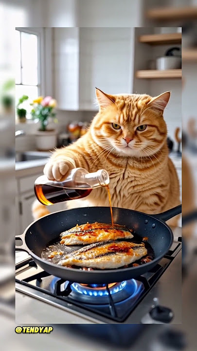 a fat orange cat cooks fish #cat #funny #cooking #ai #aiart