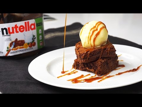 MOIST & CHEWY Nutella Brownies with Vanilla Ice cream and Caramel Sauce