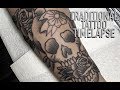 Traditional tattoo timelapse  skull and roses