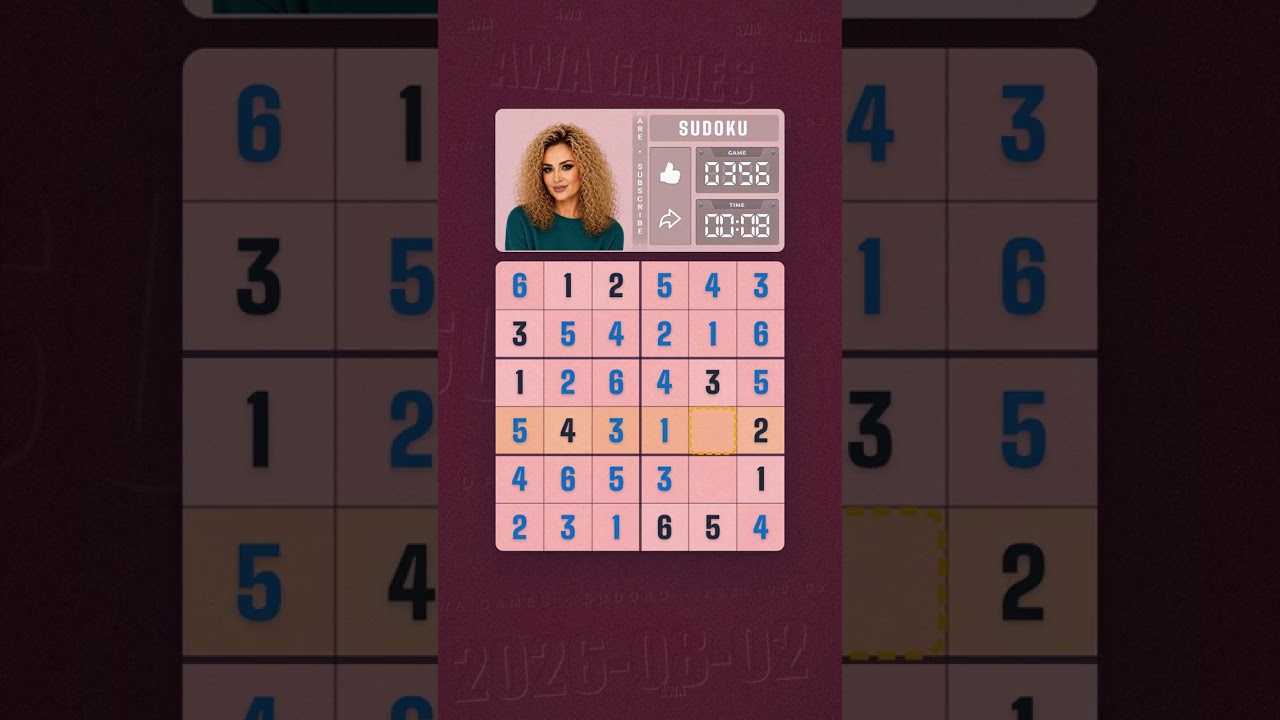 LinkedIn Mini Sudoku #356 solved board for August 2, 2026, 6x6 grid