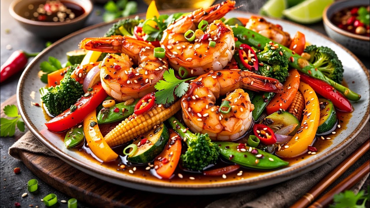 Stir fry Prawns in white wine, vegetables and tomato sauce