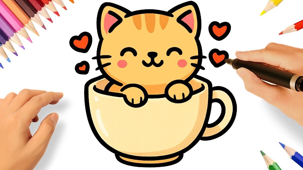 HOW TO DRAW CUTE CAT IN A CUP 🐱☕💖 EASY STEP-BY-STEP TUTORIAL - YouTube
