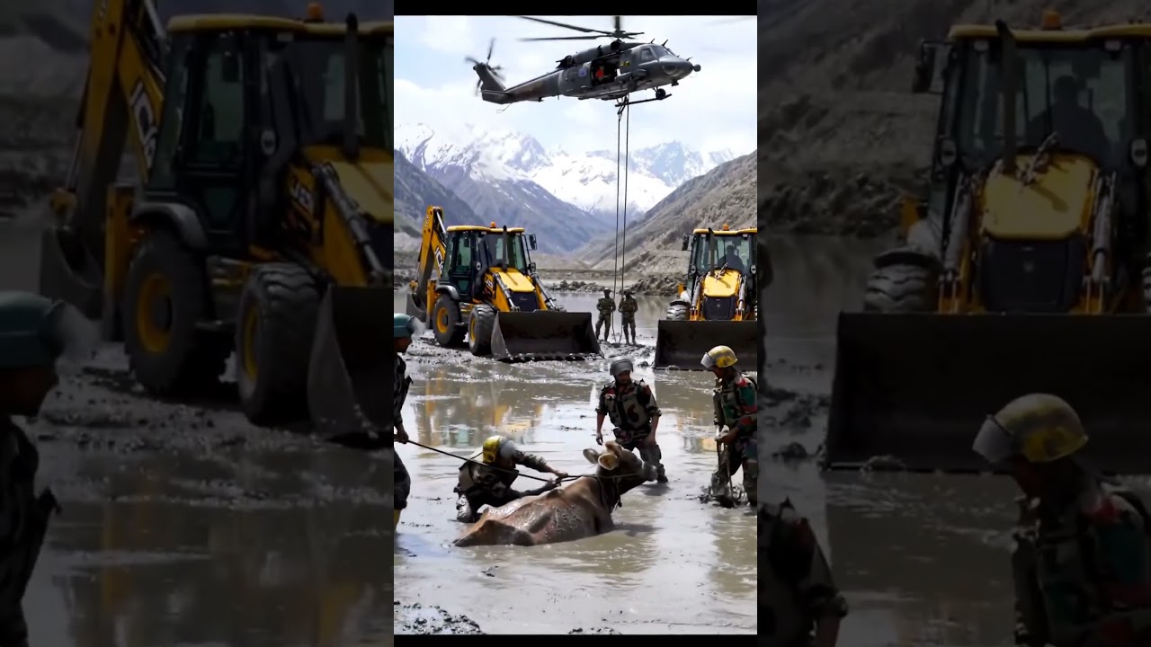 Cow Rescue in Mountain Swamp | Army Soldiers, Helicopter & JCB Operation