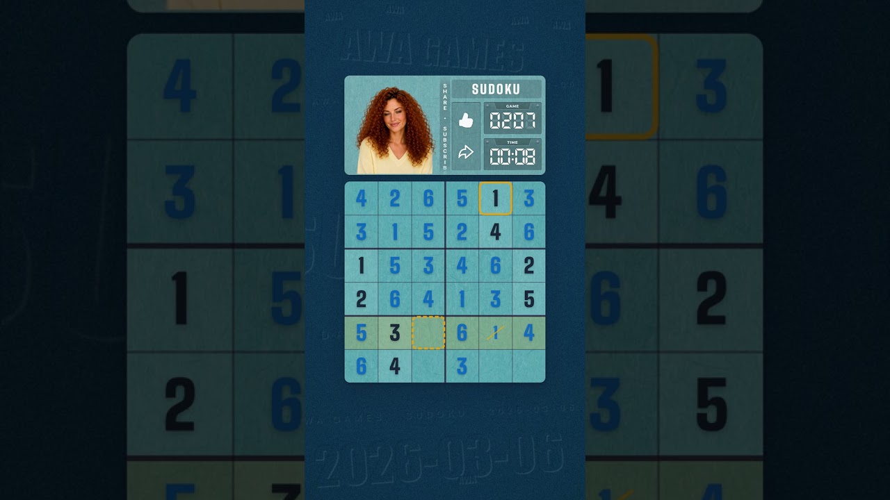 LinkedIn Mini Sudoku #207 solved board for March 6, 2026, 6x6 grid