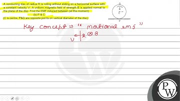 A conducting disc of radius \( R \) is rolling without sliding on a...