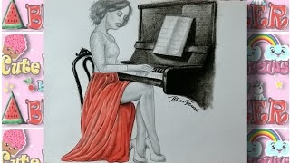 رسم سهل | تعليم رسم بنت تعزف على البيانو خطوة بخطوة بالقلم الرصاص
