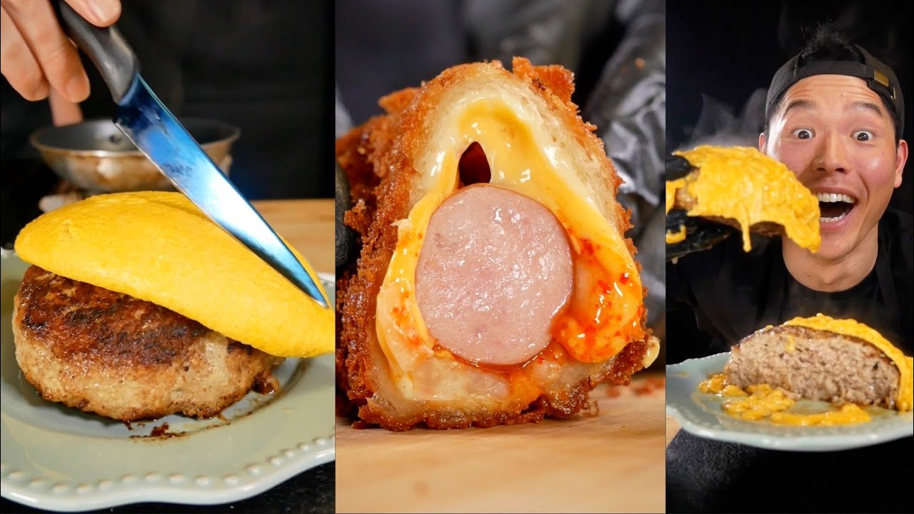 ASMR | Omelette Hamburger & Fried Kimchi Sausage Roll | MUKBANG | COOKING