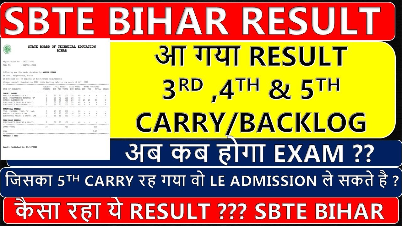 SBTE BIHAR 3RD,4TH,5TH CARRY BACKLOG RESULT 2021 || SBTE BIHAR  RESULT 2021