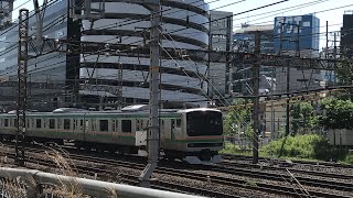 JR京浜東北線快速南浦和行きE233系1712A182宮サイと根岸線各駅停車桜木町行きE233系4348KH018横クラ、普通熱海行きE231系1563EU538宮ヤマ+E233系U39宮ヤマが走行！