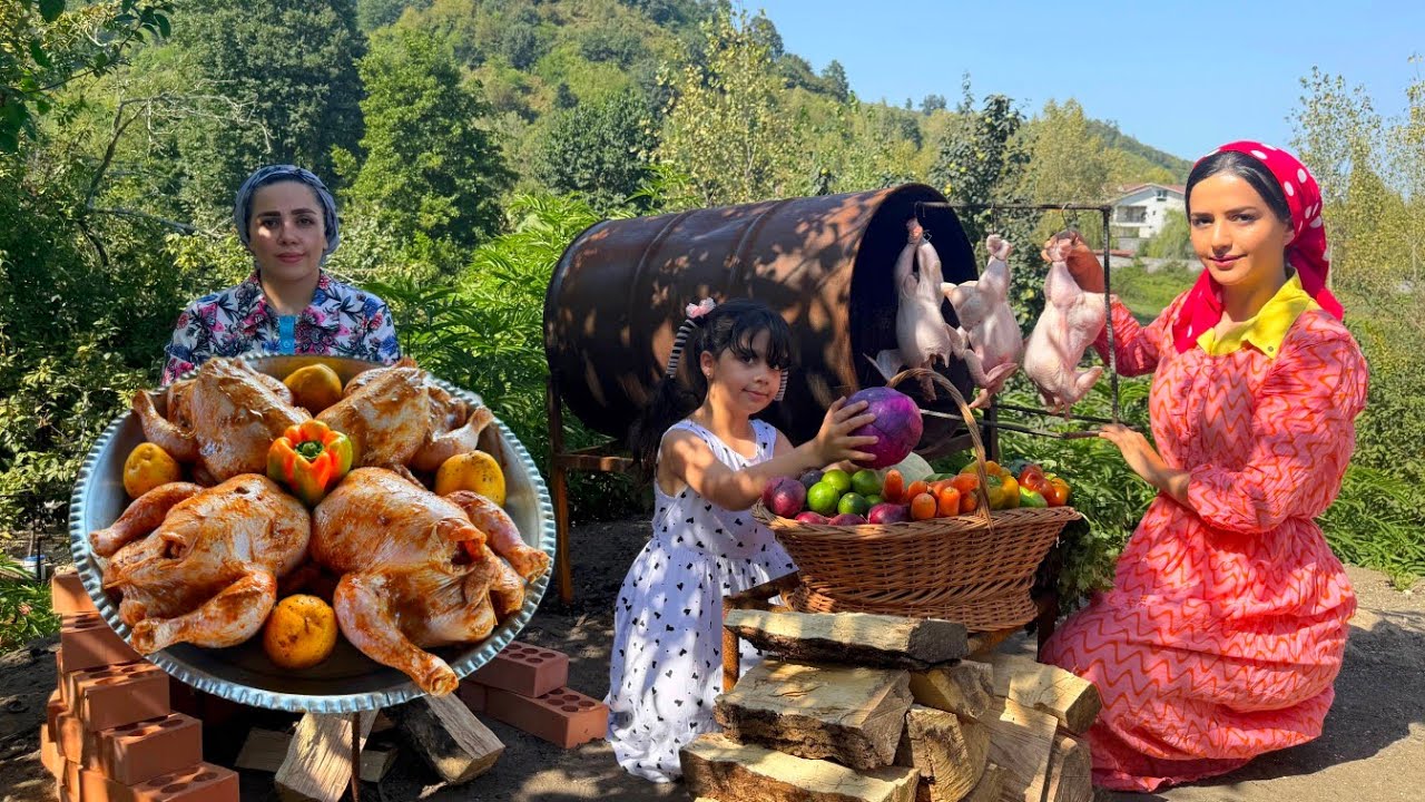 Cooking stuffed chickens on the fire and in barrels and coleslaw