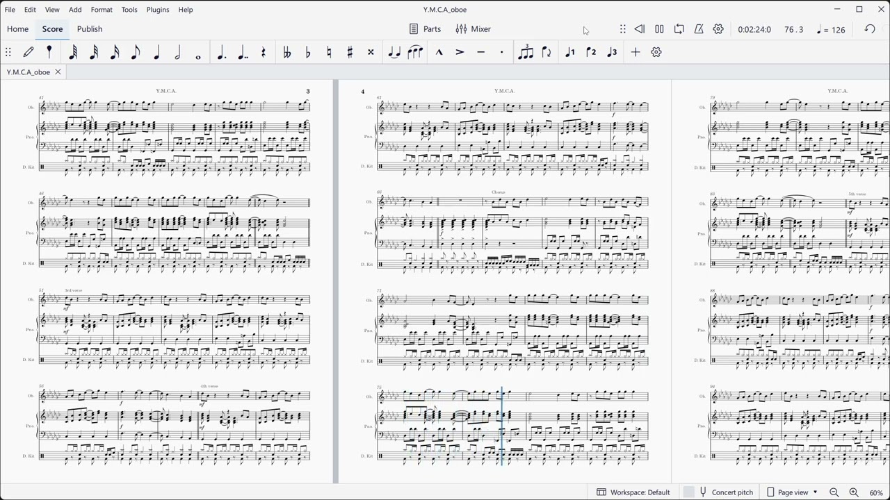 Y.M.C.A. (Victor Willis, Henri Belolo, Jacques Morali).  Music for oboe with piano & drums.
