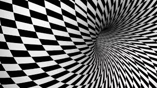 A psychedelic 3d rendering of an optical illusion created by black and white square rotating.