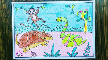 vẽ động vật hoang dã ở châu phi - mĩ thuật lớp 5 - vẽ khu rừng thân thiện - vẽ tê tê, rắn, khỉ, chim