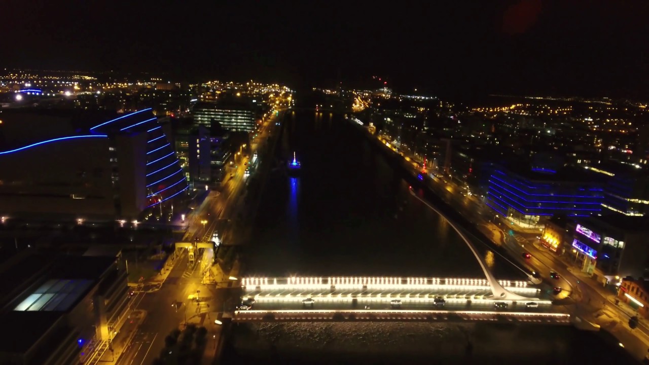 Liffey River & CCD Building - Blue Neon Dublin City Centre 4K Video