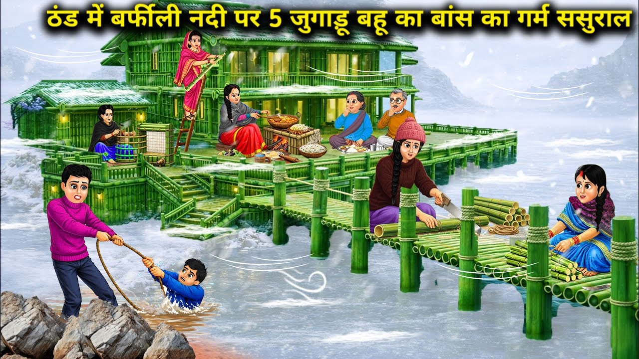 ठंड में बर्फीली नदी पर 5 जुगाड़ू बहू का बांस का गर्म ससुराल | 5 Jugaadu daughter-in | Cartoon Video
