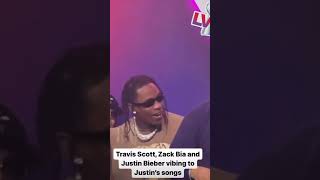 Justin Bieber Travis Scott and Zack Bia vibing together during Michael Rubin’s  Fanatics SuperBowl24