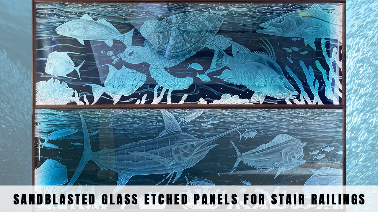 Custom Sandblasted Glass Etched Panels for Stair Railings