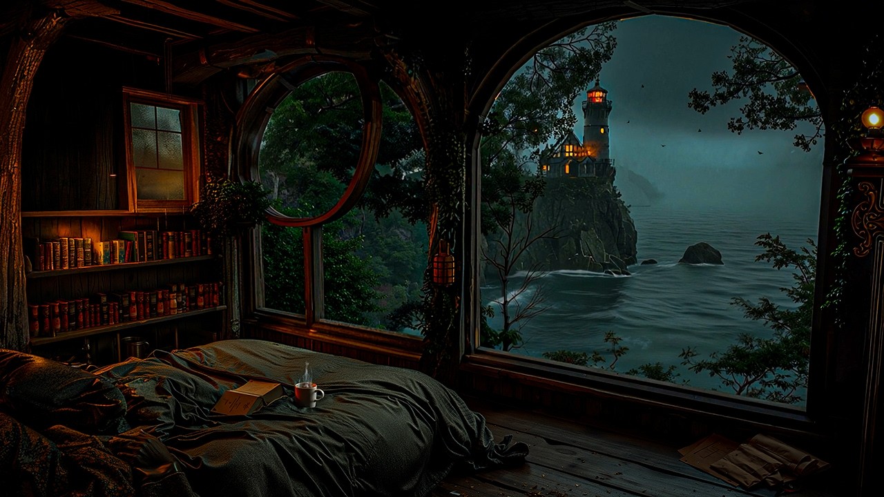 Lost in Thought by the Sea in a Dark Room | Cozy Night Reading Nook | Dark Academia Music for Study