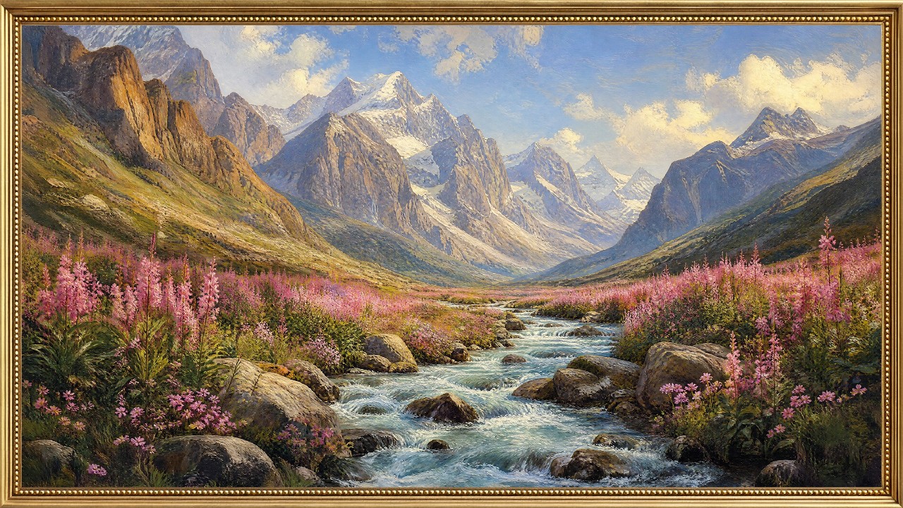 Alpine Valley Wildflower Stream Painting | Vintage Frame TV Art