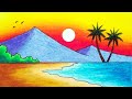 How to draw beautiful sunset in the beach  easy sunset scenery drawing