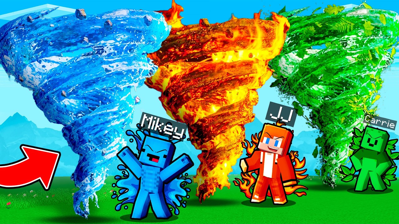 JJ vs Mikey vs Carrie: ELEMENTAL TORNADO BATTLE In Minecraft - Maizen