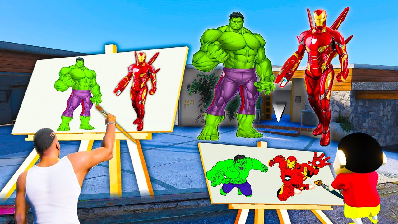 GTA 5 : Franklin & Shinchan Draw IronMan & Hulk Come Life To Fight With Thonas Avenger GTA 5 !