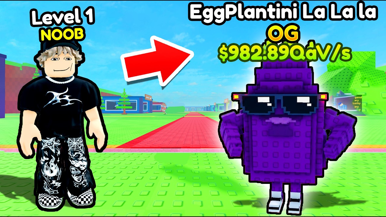 Starting OVER as NOOB with MAX LEVEL EGGPLANTINI LA LA LA in Become a Brainrot Roblox..