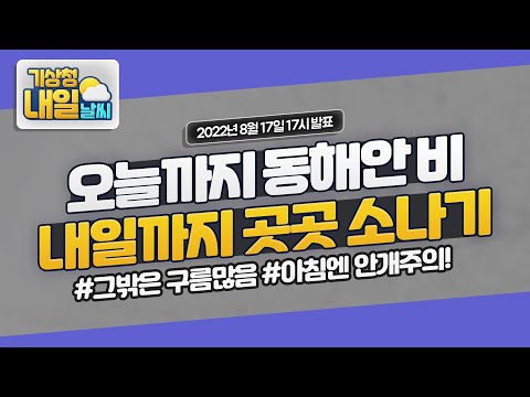 [내일날씨] 오늘~내일 내륙 중심 소나기, 오늘 동해안 중심 비 8월 17일 17시 기준