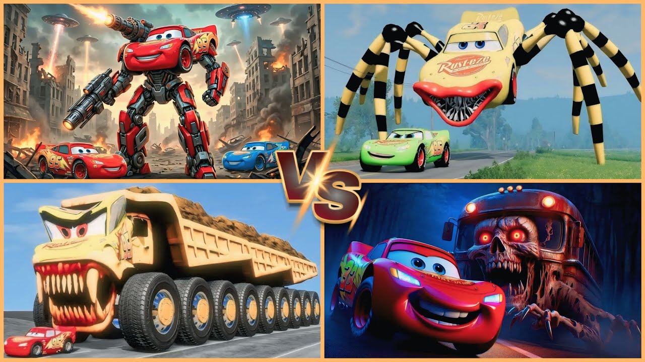 Epic Battle! 🏎️ McQueen Robot vs Shark, Zombie Bus & Spider Cars! Monster Truck stunts! Subscribe!