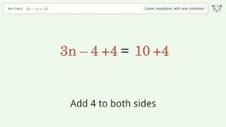 Linear equation with one unknown: Solve 3n-4=10 step-by-step solution