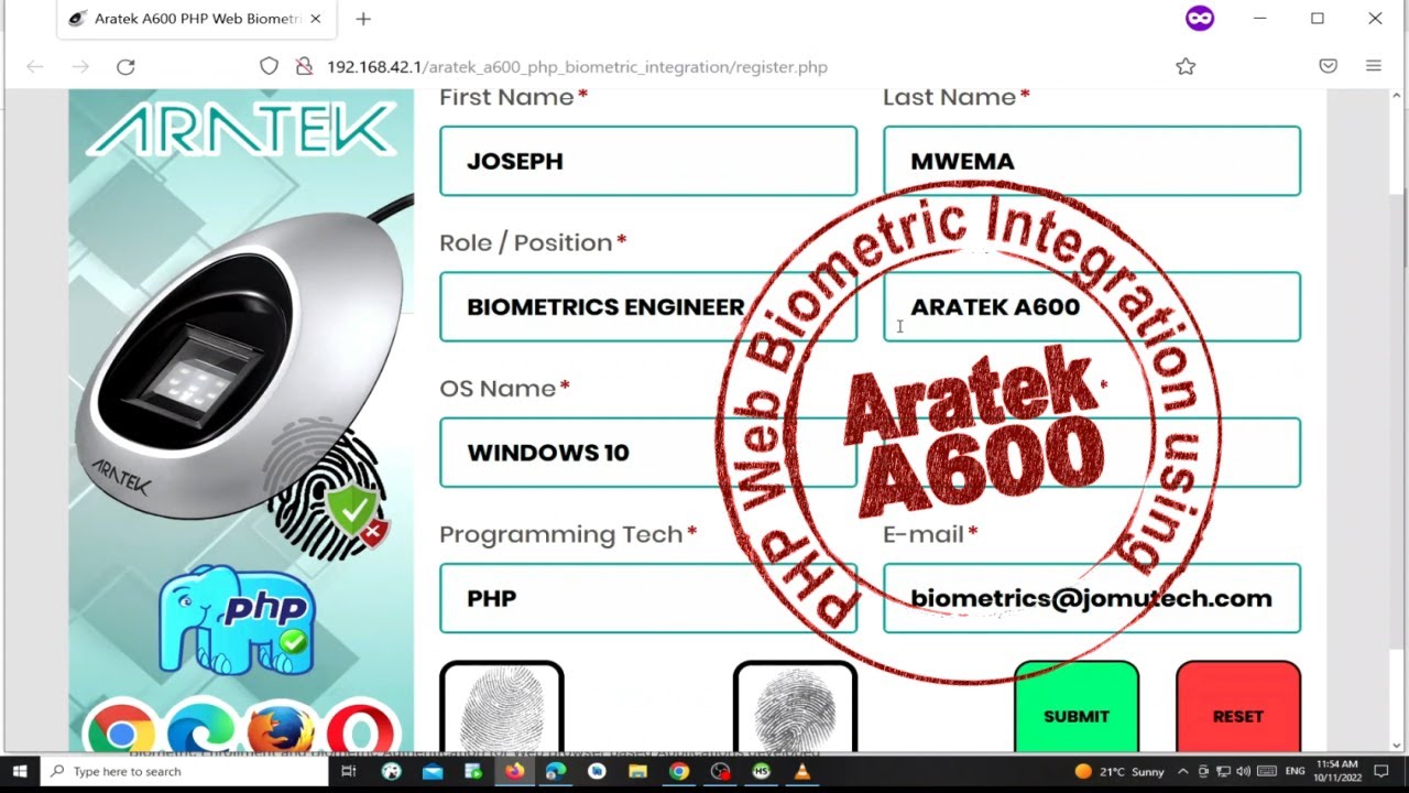 PHP Web Biometric Registration using Aratek A600 Fingerprint Scanner DEMO