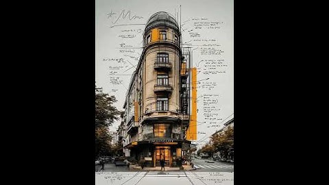 European architecture render with sketch-overlay