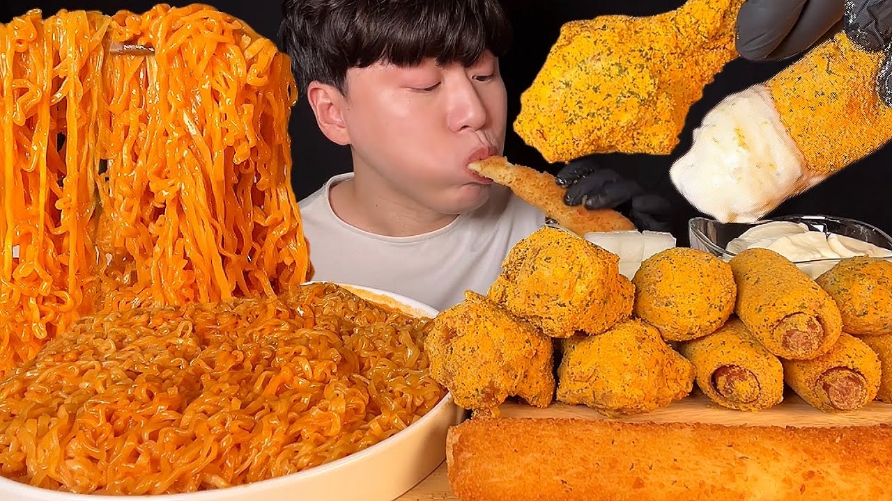 СУБ) Курица буринкл по-корейски и булдак рамэн мукбанг с 4 сырами асмр