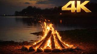Beach Bonfire 4K 🔥 Relaxing Ocean Waves &amp; Crackling Fire Sounds (3 Hours)