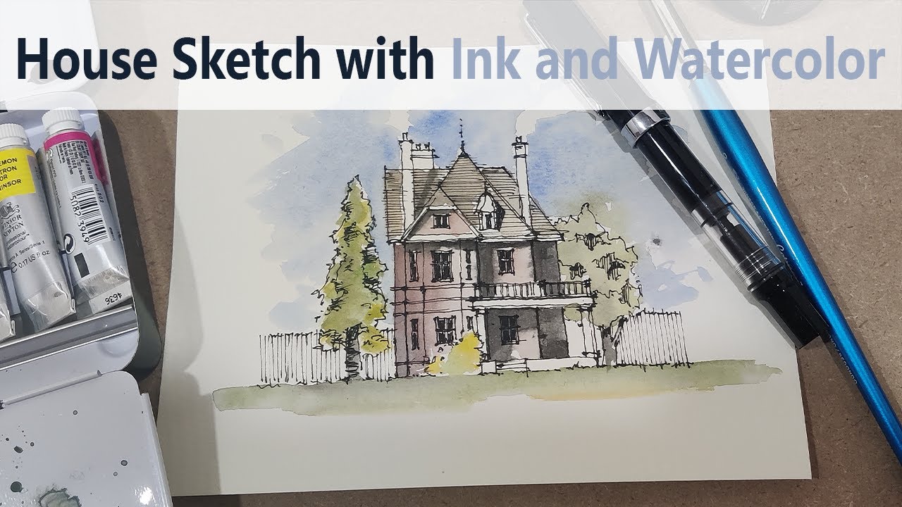 House sketch with ink and watercolor