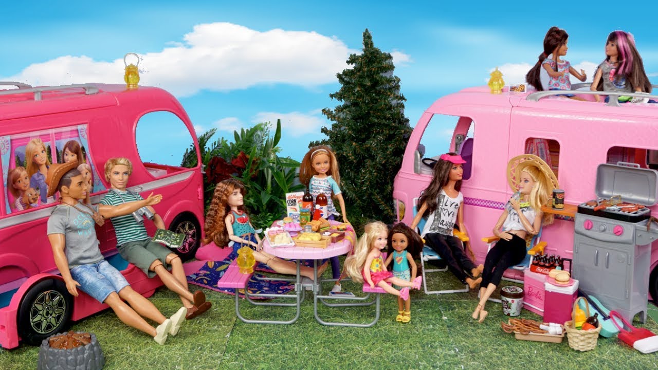 Barbie Families Camping Outdoors Routine - Camper Toy with Slime Pool! 
