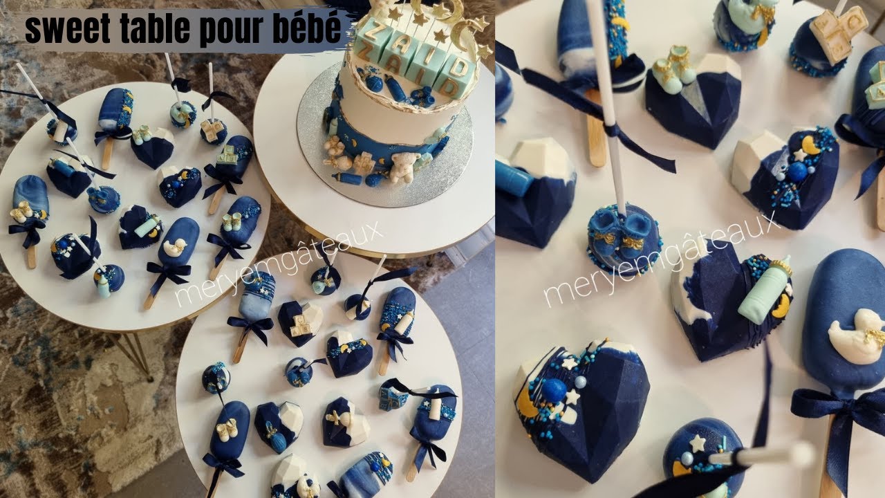 Sweet table thème bébé: layer cake, haert cakes, pop cakes et magnum cakes