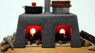 ミニチュア かまど (竈) A （光る）/ LED２灯 和風 木製手作り 昭和のジオラマ Miniature Furnace/kamado