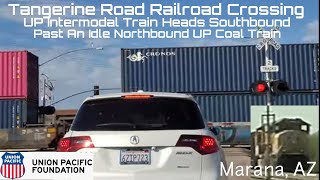 UP 8751 Intermodal Train South Meets Idle UP 4385 Coal Train, Tangerine Road Crossing, Marana, AZ