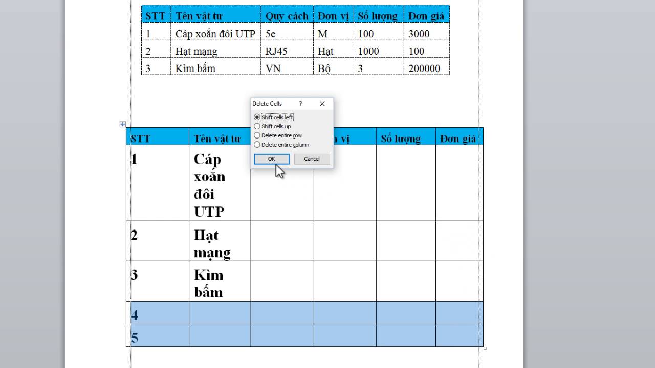 Cách tạo bảng và thao tác với bảng trong word