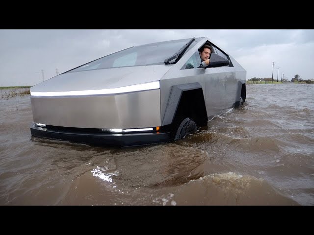 How Deep Can Tesla Cybertruck Drive in Water? -Wade Mode Test class=