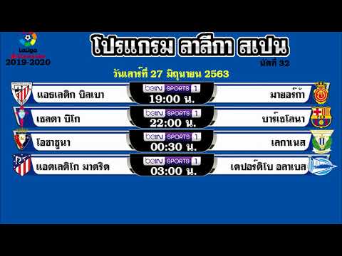 ตารางบอลวันนี้ โปรแกรมลาลีกา วันที่ 26-27-28-29 มิถุนายน 2563 (26-27-28-29/6/63) 2020 นัด 32 ล่าสุด