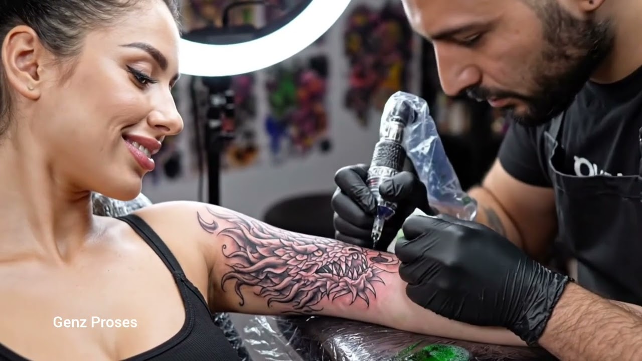 Inside a modern factory: The process of making a dragon head tattoo on a beautiful girl's arm 
