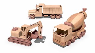 Cement mixer truck, excavator and dump truck - Wooden Toys