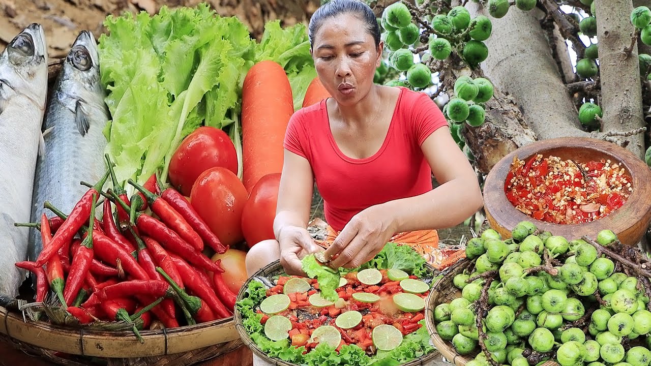 Yummy! Sea fish salad cooking for food in forest, Fig fruit with hot salt chili So delicious food