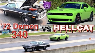 Challenger Hellcat vs 1972 Dodge Demon 340 - PURE STOCK DRAG RACE (single heads up)