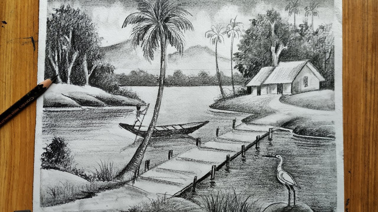 how to draw easy pencil sketch scenery ,landscape pahar and river ...